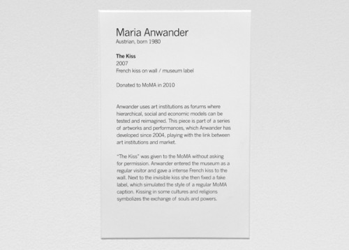 free-parking:  Maria Anwander — The Kiss, 2007/2010, french kiss on wall and museum label  “The Kiss” was given to the MoMA as a donation without asking for permission. I entered the museum as a regular visitor and gave an intense French kiss to