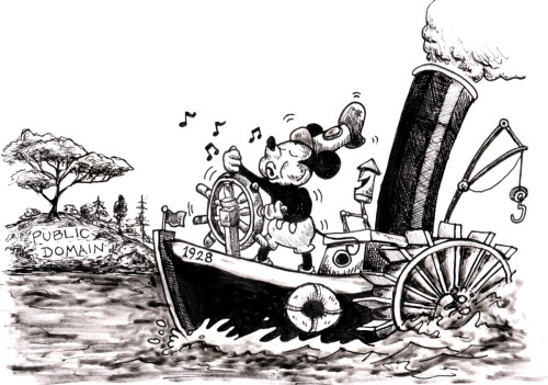 An ink drawing of Mickey Mouse as Steamboat Willie, piloting his steamship toward a distant land labeled 'PUBLIC DOMAIN.' The name of the boat is '1928.' Image: Doo Lee (modified) https://web.law.duke.edu/sites/default/files/images/centers/cspd/pdd2024/mickey/Steamboat-WIllie-Enters-Public-Domain.jpeg CC BY 4.0 https://creativecommons.org/licenses/by/4.0/deed.en