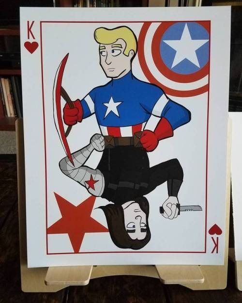 Been working on a series of playing card style prints. King of Hearts goes to Captain America and Bu