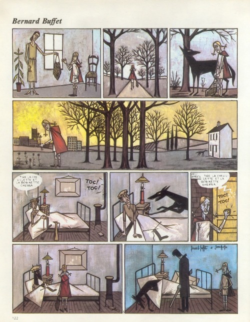 jonathanbogart:French cartoonist Jean Ache, “Little Red Riding Hood” after seven different painters,