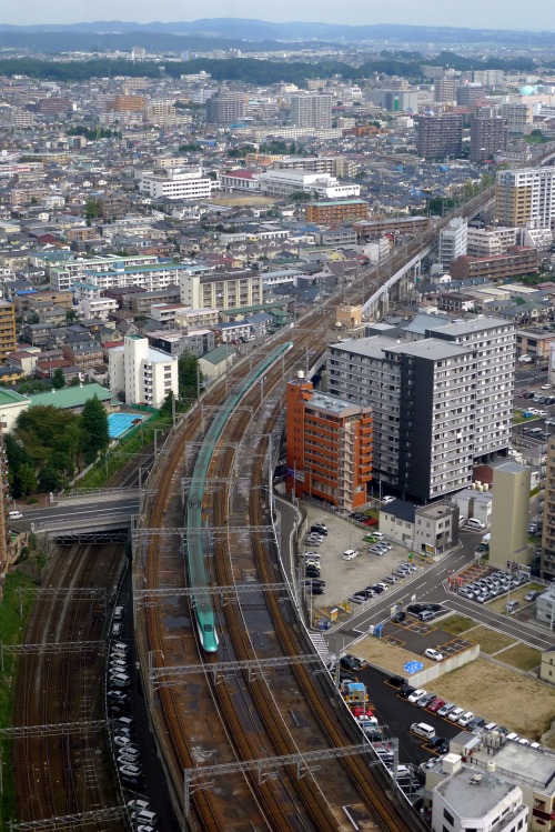 A Tohoku-Hayabusa Shinkansen arriving at Sendai station 仙台駅. There are two free observation decks on