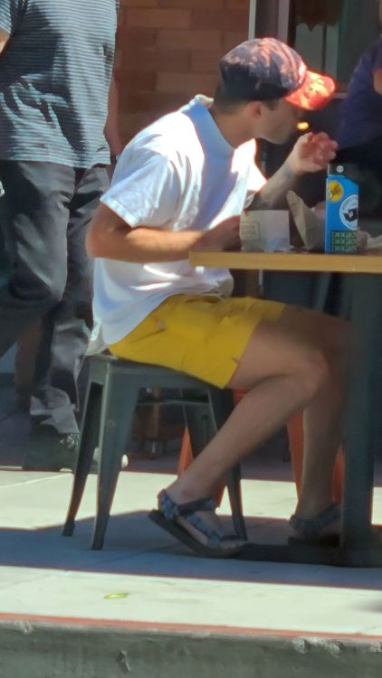 Yellow Shorts, bleach dye hat &amp; friend