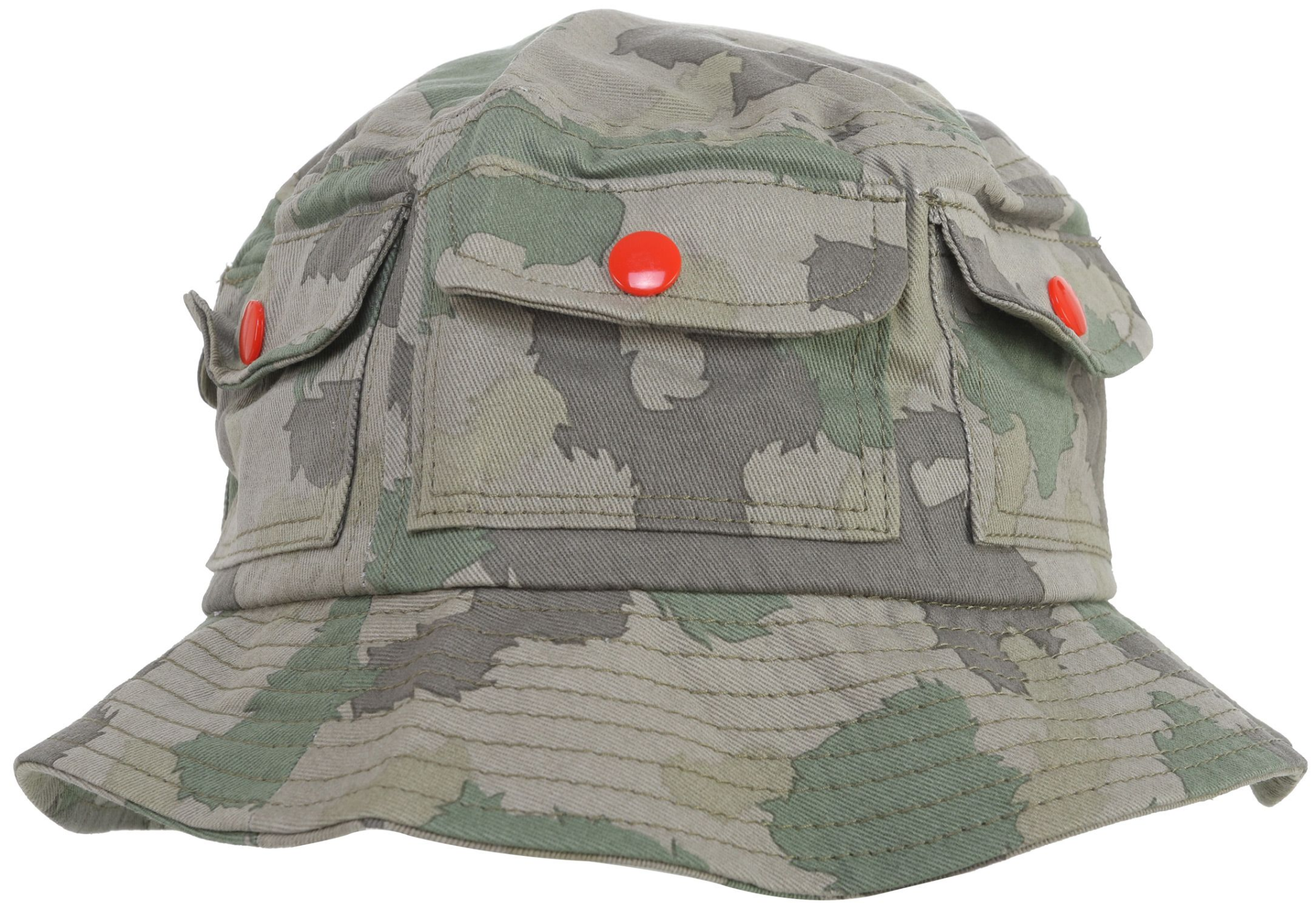 a camo patterned bucket hat with 3 visible pockets