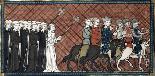 Les Grandes chroniques de France (c. 1332).Louis IX setting out on his first crusade (the Seventh Cr