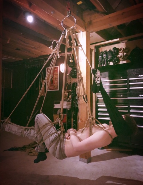 tumblgear:Spent a little time down at the Treefort. Got to hogtie a hunk, then relax a little while he practiced his suspension skills!