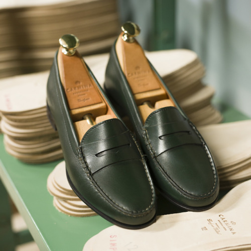 Women green vitello blake stitched penny loafers  1465, discover at Carmina shoemaker website & 