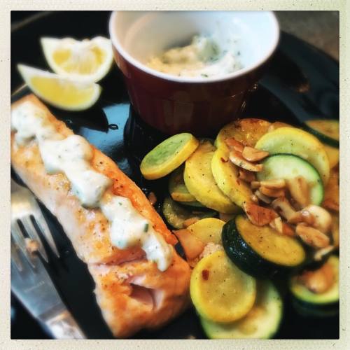 <p>Day 4 #whole30 dinner - my new favorite thing is Magic Unicorn salt. (Also coconut aminos on all vegetables.) Thank you @beautifulbrinysea for making delicious things to sprinkle on salmon. #marconaalmondsforthewin #yesimadethemayo  (at Fiddlestar)</p>