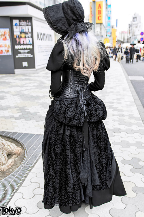tokyo-fashion:  Gabriel on the street in Harajuku wearing a black lace dress from Vimoque with an Abilletage corset. Full Look