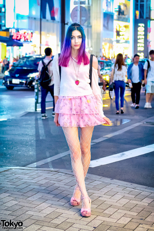 6%DOKIDOKI shop girl Manon on the street in Harajuku wearing a knit top from DelilaH with a tiered s