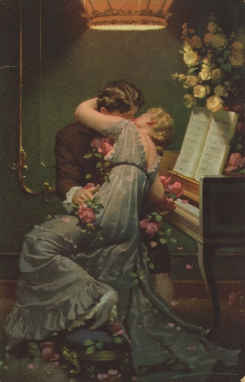 Playing love songs turns serious. ”Kuss mich Liebster.” Love couple, vintage postcard, 1