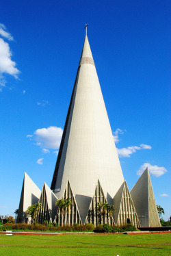 architectureland:  Cathedral of Maringá in Brazil-  It was completed in 1972 and is the tallest church in South America and the 16th tallest in the world. Designed by architect José Augusto Bellucci was inspired by the Soviet sputnik satellites when