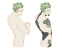 drisrt: I have a soooo many thoughts and headcanons about the construction of Genji’s cyborg body and the stages between the indispensable technological intervention that keeps him alive, his limb prosthetics and overall enhancements and finally his