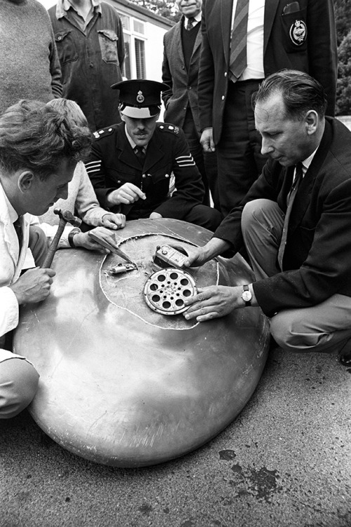 In 1967 five flying saucers landed in Somerset and across southern England. 1 - One of the strange objects, all resembling flying saucers and emitting noises, found in different parts of Britain. This one was found at Chippenham, Wiltshire. 2 - Engineer