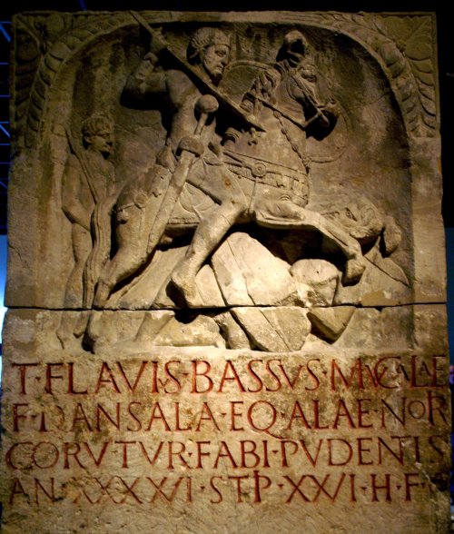 ancientart: 1st century Roman gravestone. Inscription: T(itus) FLAVIVS BASSUS MVCALAE F(ilius) DANSA