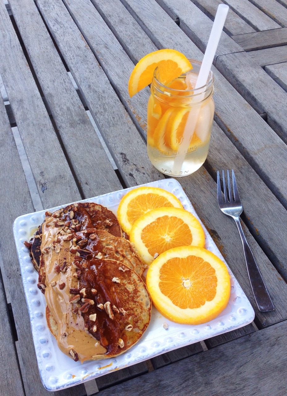 fitandfruity:  Healthy pancakes with peanut butter, pumpkin butter, some agave syrup,