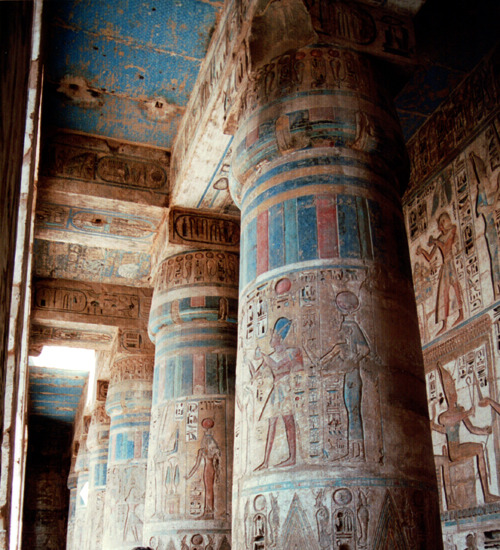 the-do-that-girl:Pillars and detail of Heiroglyphics at Medinet Habu. Photos by me June ‘96