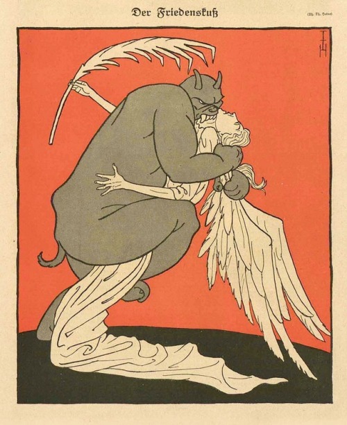 The Kiss of Peace.Satirical illustration by by German artist Thomas Theodor Heine for Simplicissimus