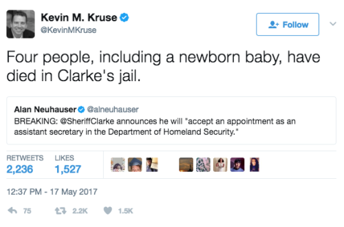 mediamattersforamerica:Trump just tapped Fox favorite David Clarke for a federal position in the Dept. of Homeland Security. Meanwhile, people are dying in his jails and he’s nowhere to be found.