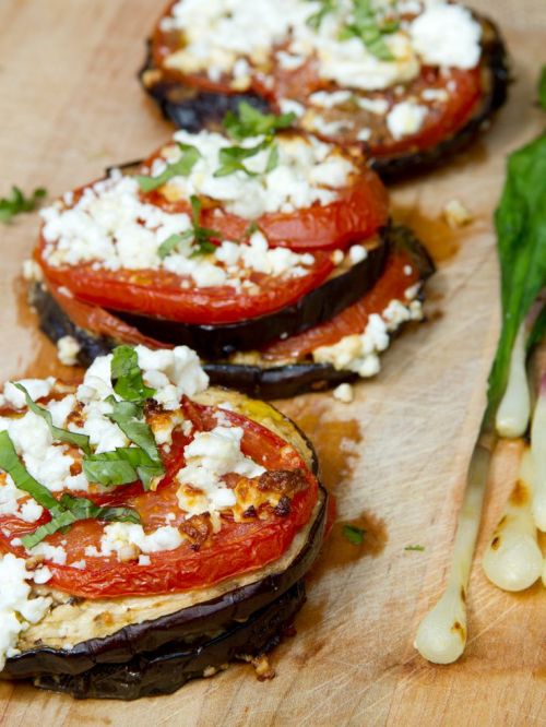 Grilled Eggplant With Tomato And Feta Cheese – this is incredible! I make with provolone or mo