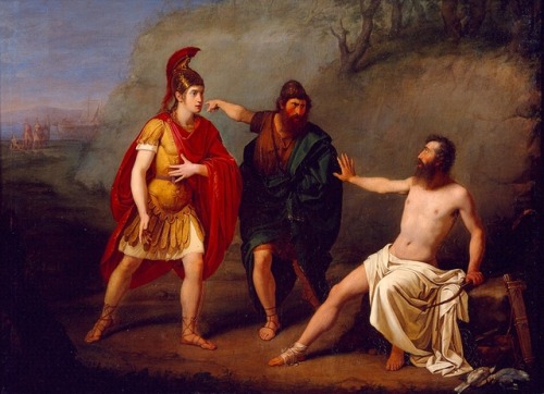 hadrian6:Neoptolemus, Odysseus and Philoctetes on the Island of Lemnos. 19th.century. Giovanni Gaiba