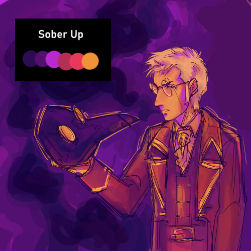 digital art of percy de rolo from critical role. he is looking down at his plague doctor mask, a stream of smoke billowing around him and a regretful expression on his face. the drawing is painted in bright shades of purple, red, and yellow, and the original palette, titled "sober up," is in the top left.