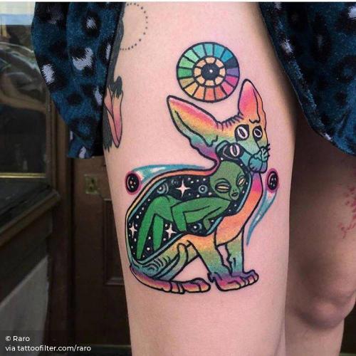 By Raro, done in Madrid. http://ttoo.co/p/35560 alien;animal;big;cat;facebook;feline;mythology;pet;raro;surrealist;thigh;twitter