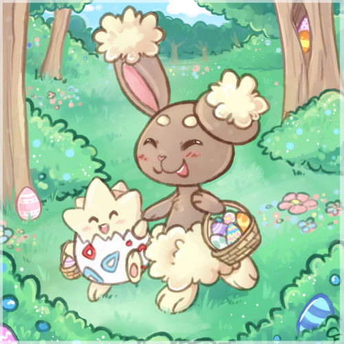 angel-soma:Happy Easter! Here’s a cute illustration I did one year of Buneary helping little Togepi 