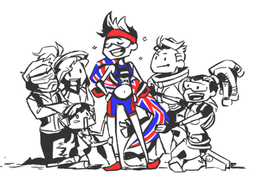 h0lyhandgrenade:  Quickie, but this happened today while solo queuing. A Tracer rolls in wearing her Aggressively British skin, and the team just became… Enamoured with her. All crouched around her and showering her with compliments, and I found it