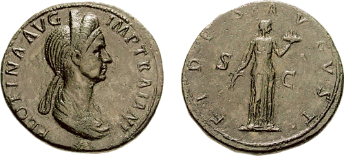 Sestertius of Plotina Augusta, wife of the Emperor Trajan, depicting Plotina on the obverse and the 