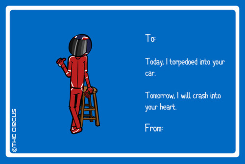 circuscomic:  A couple of years ago, I made a couple of F1 based e-cards for Valentines Day. And this year I wanted to go a bit further. So I present to you. #CheesyRaceCards