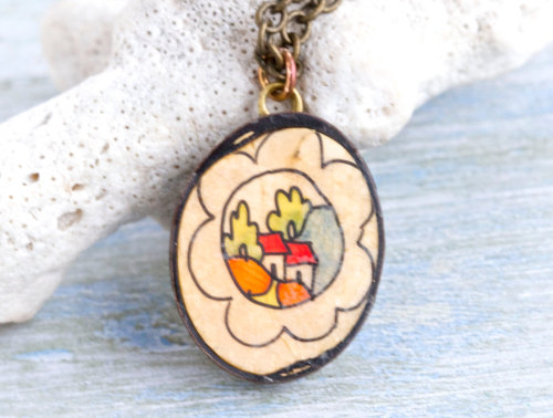 Painted Cottages Necklace - Vintage Seed Pendant on Brass Chain - Quirky Jewelry