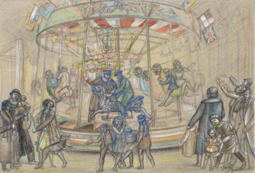 Stanley Lewis- The Fun Fair at Newport, (c. 1925), crayon, pencil and watercolour on paper