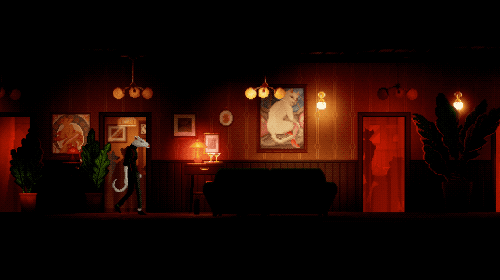 An animated gif of Howard, the raccoon detective, crouching and sneaking past a white mouse. They're inside a dimly light hallway with many doorways, silhouettes behind curtains of various animals talking and hanging out.
