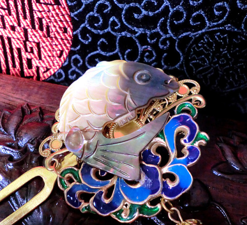 inkjadestudio: Chinese Carved Shell Carp with Cloisonne and White Crystal Bead Engraved with Golden 