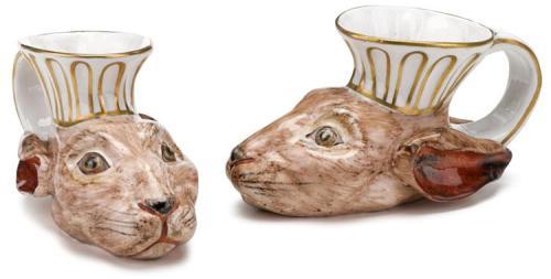 Pair of Derby porcelain hand-painted and gilt hare&rsquo;s head stirrup cups