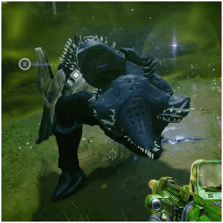 An animated GIF of a videogame capture from Destiny 2 showing a Hive knight stuffing his face full of etherial Light.