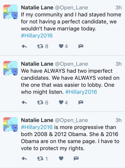 nillia:  Just as ‘08 and ‘12 Obama “evolved” on marriage equality, Hillary has recently been “evolving” on issues like TPP, student loans, & BlackLivesMatter.  Not all there yet, but a start.   Trump wants trickle down economics, a reinstatement