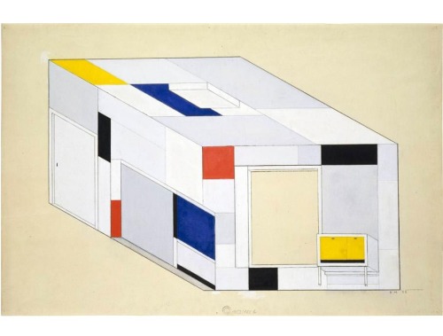 Piet Mondrian, Colour design for the Salon of Ida Bienert, 1926. Axonometry pf a room in bird’s eye 