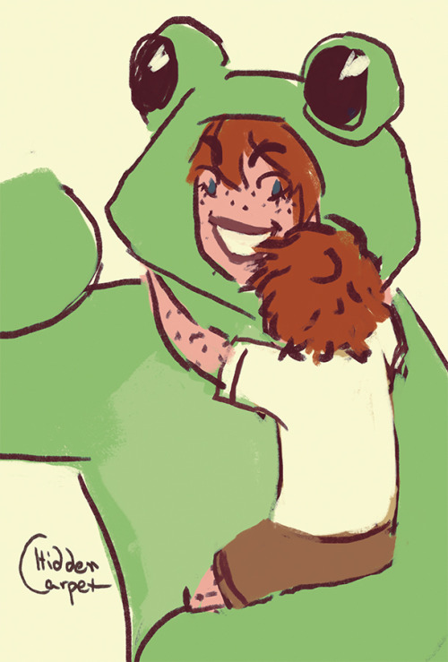 [ID: 6 doodled genshin Impact fanarts with Kaeya and Childe in big green frog costumes. Some of them