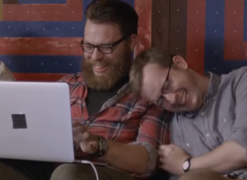 primatechnosynthpop:vapidskittle:griffin laughing so hard he has to lean on his older brother: a ser