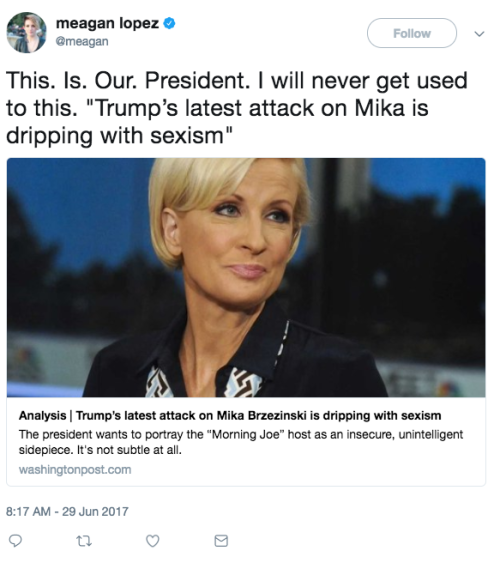 gokuma:  mediamattersforamerica: Today is the day Donald Trump, a disgusting misogynist who is deeply terrified of women, attacked “low I.Q. crazy Mika” for “bleeding badly from a face-lift.”  I’m so sad for all the decent people who have