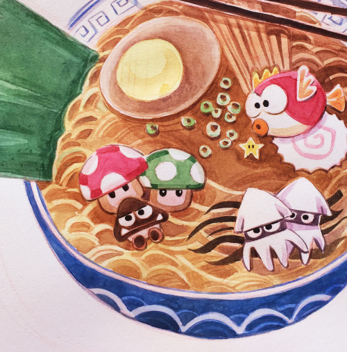fawnv:My little painting progress from my new watercolor piece “Ramen for Champion.”&nbs