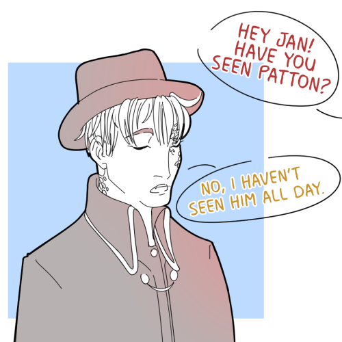 Patton resting and/or napping in his tiny frog form under Janus’ hat, nested in his fluffy hair&hell