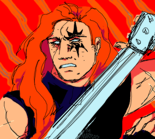 A rough trackpad illustration of Shatterstar from X-Force. He's holding a sword in his left hand at an angle in front of a bright orange background. He's vaguely scowling and clenching his teeth at something off-screen.