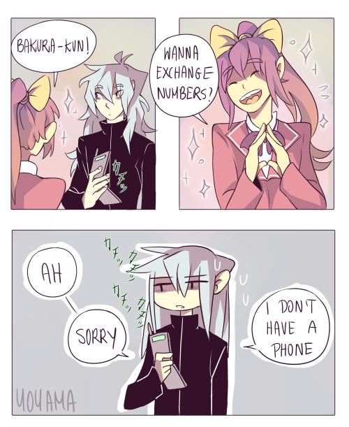 amarcia: Ryou, in the middle of texting nerd stuff with Yuugi: No I don’t have a phone. > Art blo