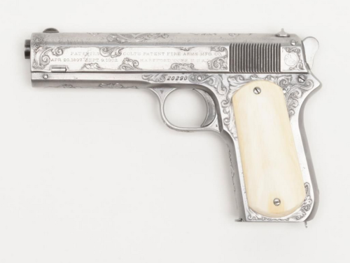 Nickel plated and engraved Colt Model 1903 pocket hammer model with ivory grips