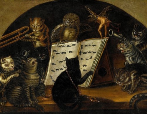 jareckiworld:Cats being instructed in the art of mouse catching by an owl — Lombard school (oil on c