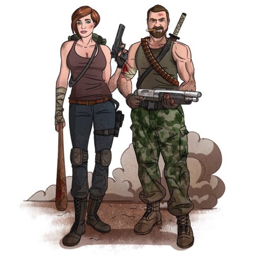 My latest commission. She wanted her and her husband to have a “Walking Dead / mercenary&rdquo