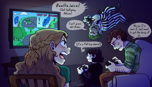 kaereth:  Most of the Beetlejuice fam playing vidya game for a kofi . Idk why but Barbara and Adam d