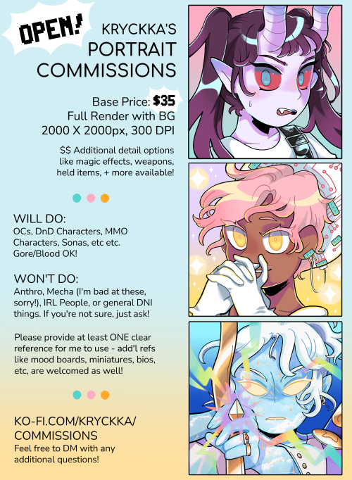 (Reblogs appreciated ) COMMS ARE OPEN ‼️ Full Render OC/DnD portraits, opening 10 slots to start. Tr